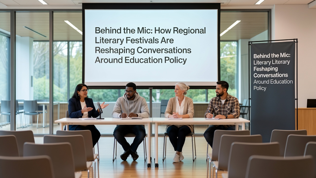 Audience members at a festival workshop taking notes during an education policy discussion